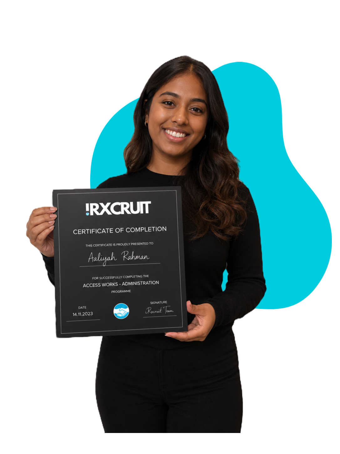 A young person holding an iRxcruit Access Works Certificate of Completion
